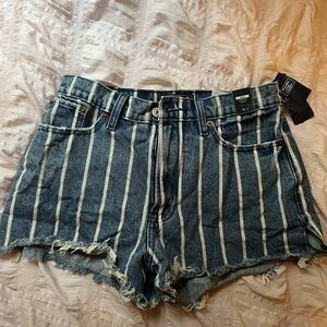 Abercrombie & Fitch Blue and White Jean Shorts with Distressed Stripes